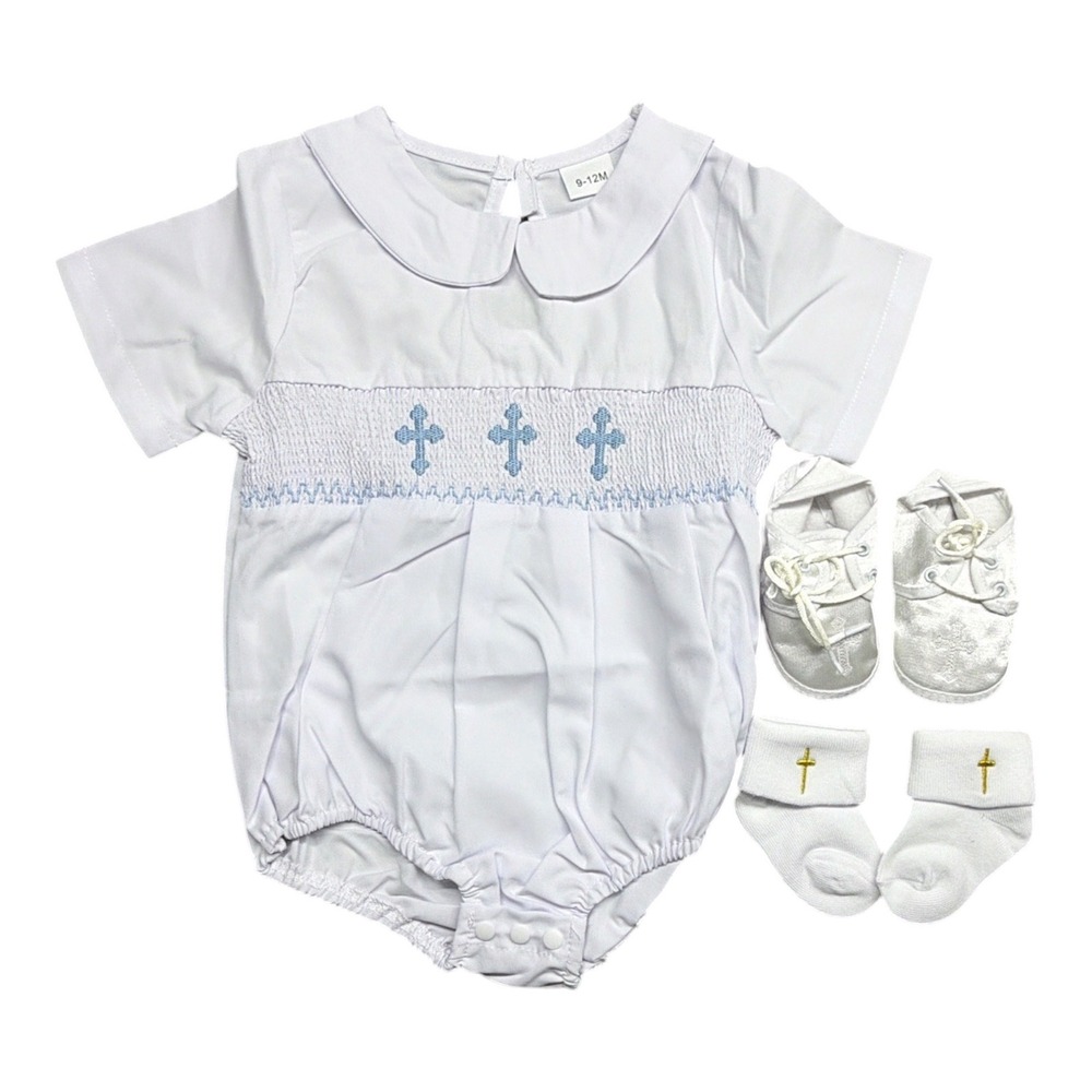 White Baby Boy Christening Romper Set Blue Smocked Crosses Shoes Socks 9-12M NEW